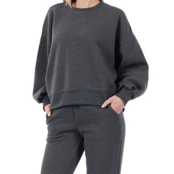 New 2 piece sweatshirt and sweatpants set charcoal dark gray balloon sleeve - Picture 2 of 9